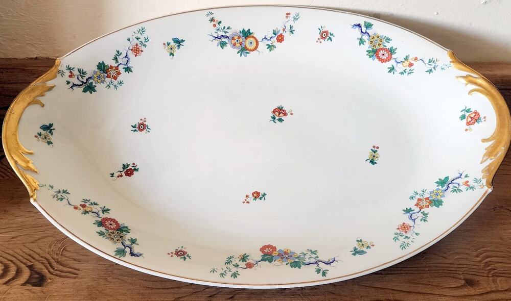 HAVILAND LIMOGES FRANCE Oval Platter Gold Trim 16" Flower Multi Color See Pic